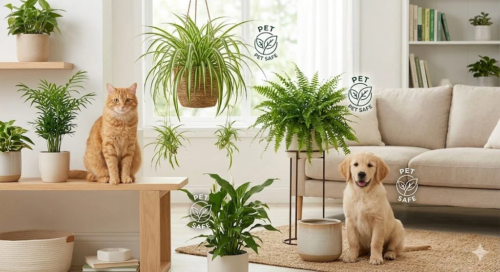 Variety of safe houseplants for pets including cats and dogs.