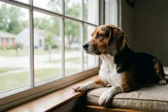 A dog looking bored and restless at home, indicating signs of boredom.