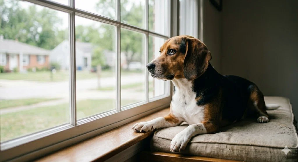 A dog looking bored and restless at home, indicating signs of boredom.