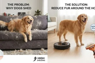 A dog shedding fur on a couch, illustrating why dogs shed and how to manage it.