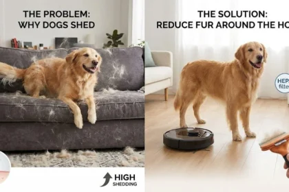 A dog shedding fur on a couch, illustrating why dogs shed and how to manage it.