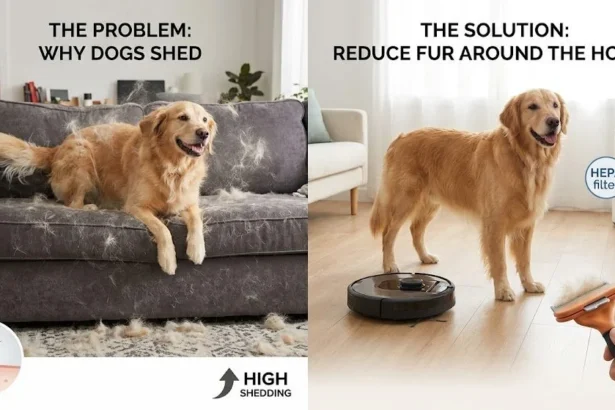 A dog shedding fur on a couch, illustrating why dogs shed and how to manage it.