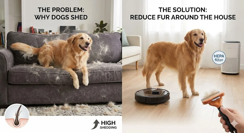 A dog shedding fur on a couch, illustrating why dogs shed and how to manage it.